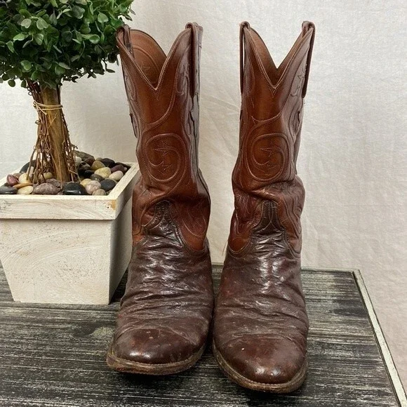 Lucchese 100% Leather full Quill Ostrich Brown Western Cowboy Boots 8
